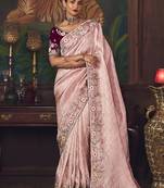 Light pink zari woven silk blend embroidered saree for wedding wear