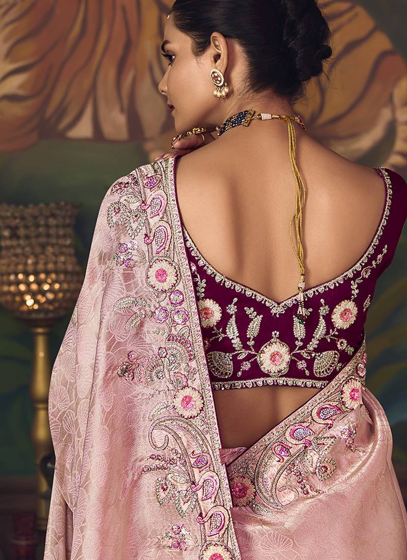 Light pink zari woven silk blend embroidered saree for wedding wear