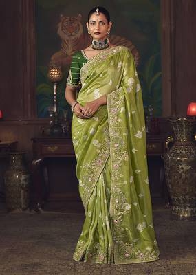 Parrot green zari woven silk blend embroidered border saree 1