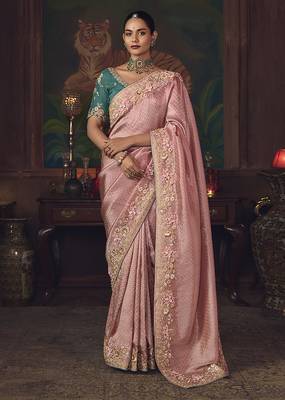 Pink zari woven silk blend embroidered border saree 1