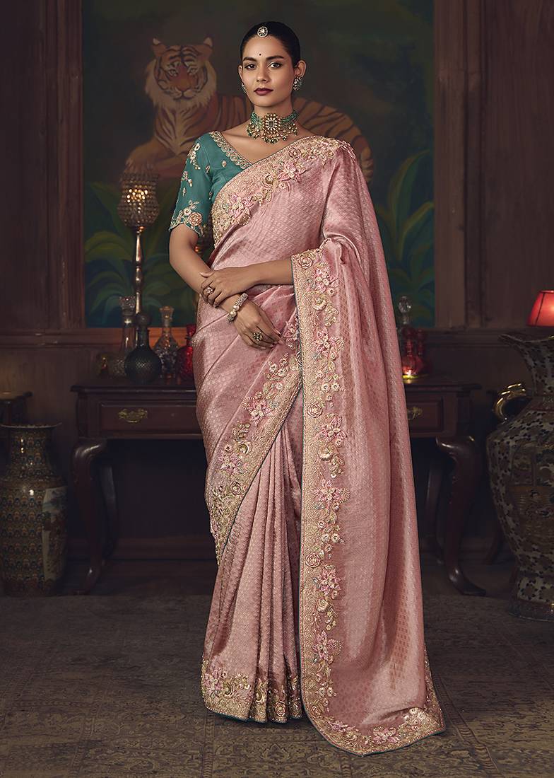Pink zari woven silk blend embroidered saree for wedding wear