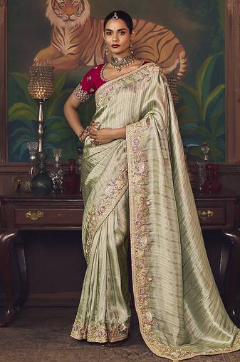 Sea green zari woven silk blend embroidered saree for wedding wear
