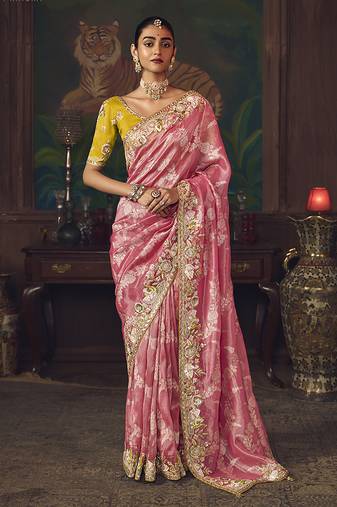 Coral pink zari woven silk blend embroidered saree for wedding wear