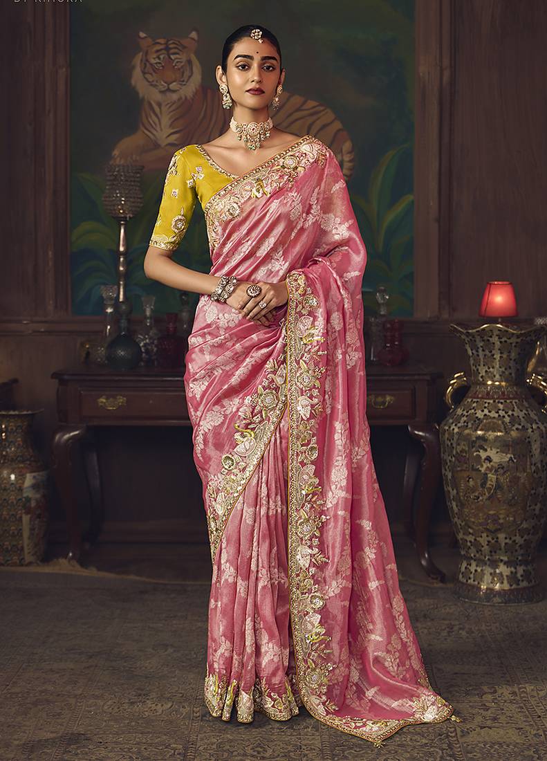 Coral pink zari woven silk blend embroidered saree for wedding wear