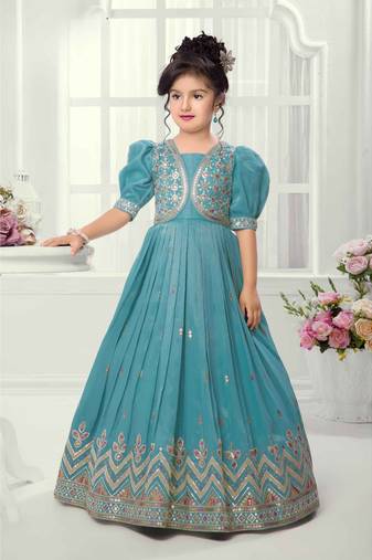 Sky Blue Embroidery Silk Gown Dress 