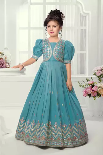 Sky Blue Embroidery Silk Gown Dress 