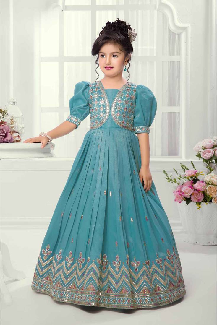 Sky Blue Embroidery Silk Gown Dress 