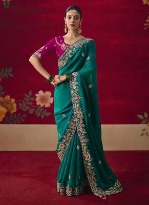 Teal fancy fabric embroidered work saree 1
