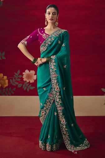 Teal fancy fabric embroidered thread work classic saree