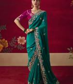 Teal fancy fabric embroidered thread work classic saree