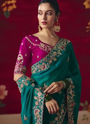 Teal fancy fabric embroidered work saree 2