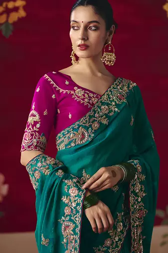 Teal fancy fabric embroidered work saree
