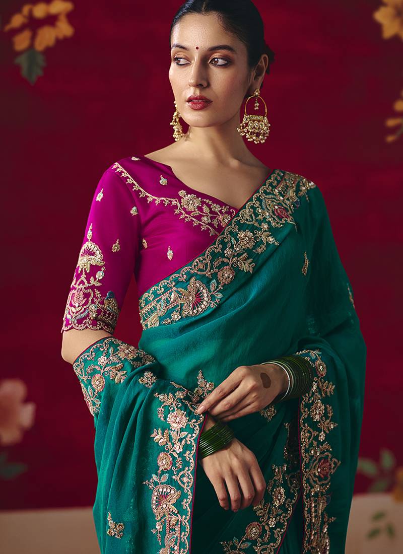 Teal fancy fabric embroidered thread work classic saree