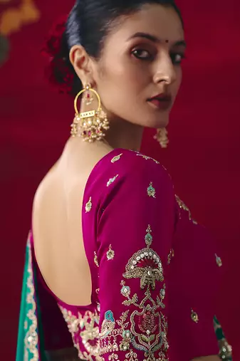 Teal fancy fabric embroidered work saree