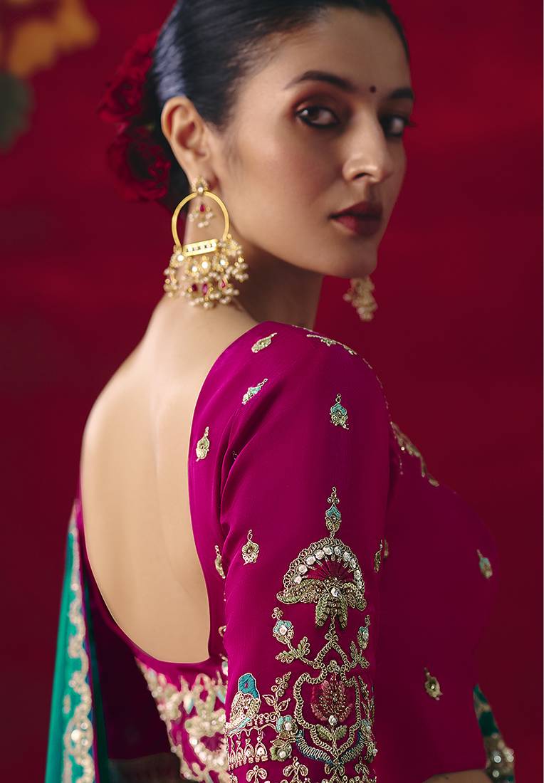 Teal fancy fabric embroidered thread work classic saree