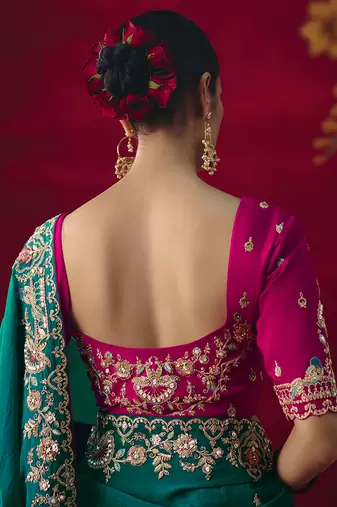 Teal fancy fabric embroidered work saree