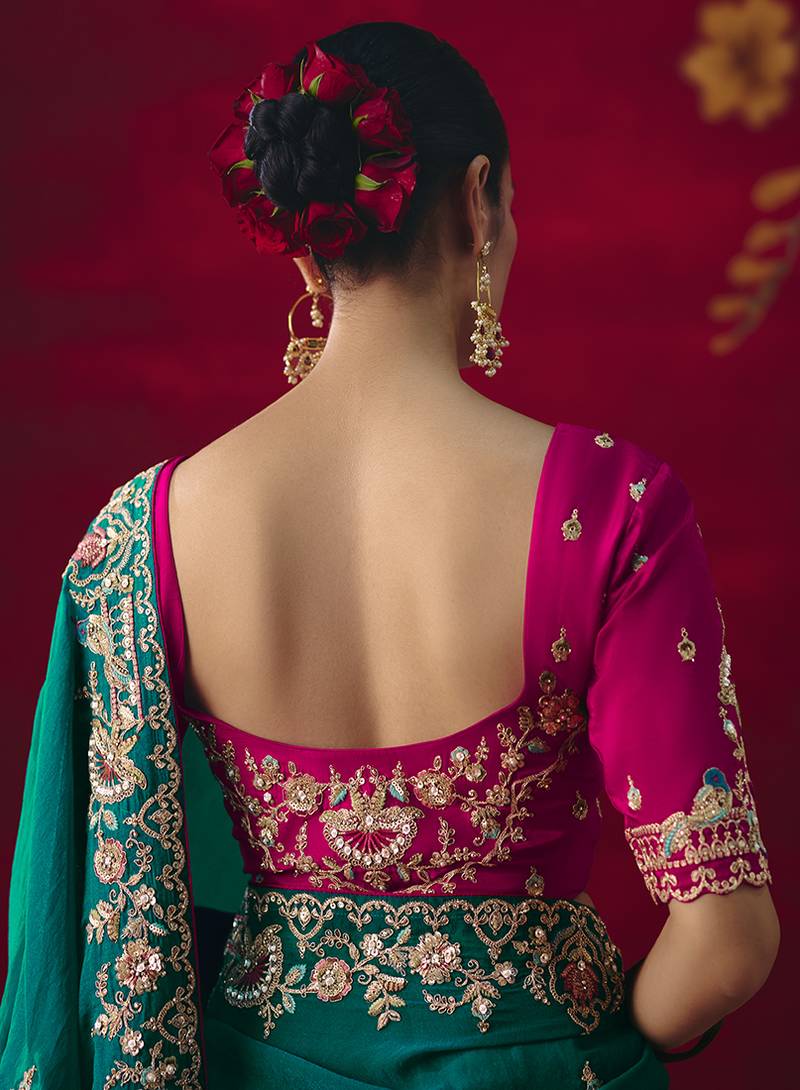 Teal fancy fabric embroidered thread work classic saree