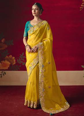 Yellow fancy fabric embroidered work saree 1