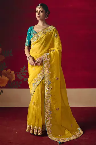 Yellow fancy fabric embroidered thread work classic saree