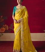 Yellow fancy fabric embroidered thread work classic saree
