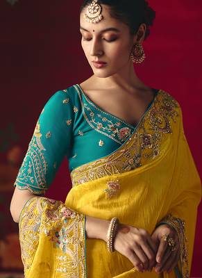 Yellow fancy fabric embroidered work saree 2