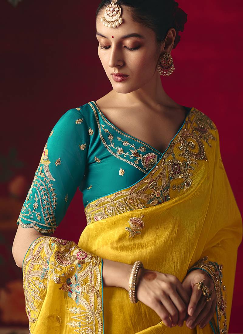 Yellow fancy fabric embroidered thread work classic saree