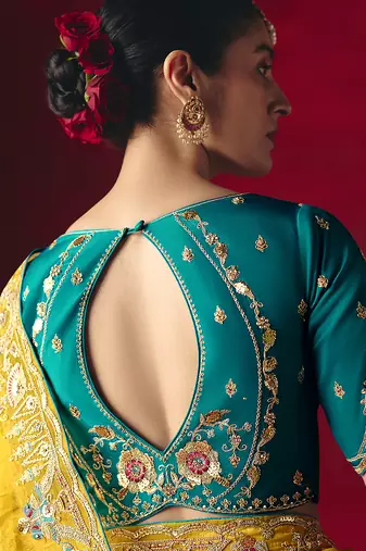 Yellow fancy fabric embroidered work saree