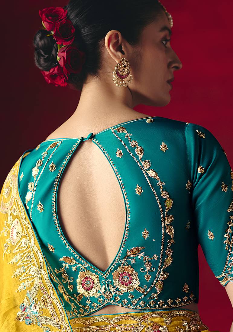 Yellow fancy fabric embroidered thread work classic saree