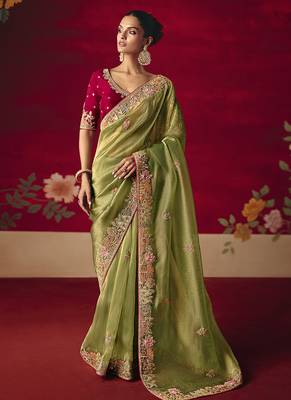 Green fancy fabric embroidered work saree 1
