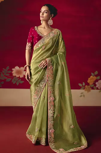 Green fancy fabric embroidered thread work classic saree