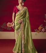 Green fancy fabric embroidered thread work classic saree