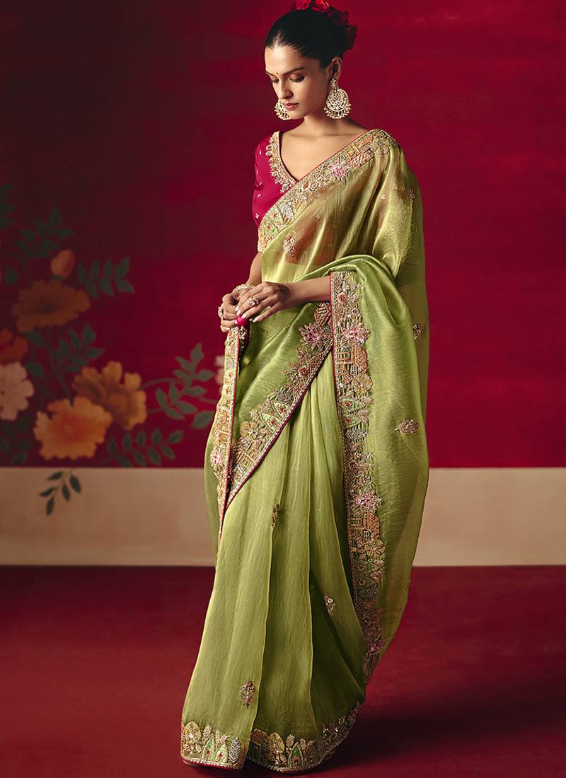 Green fancy fabric embroidered thread work classic saree