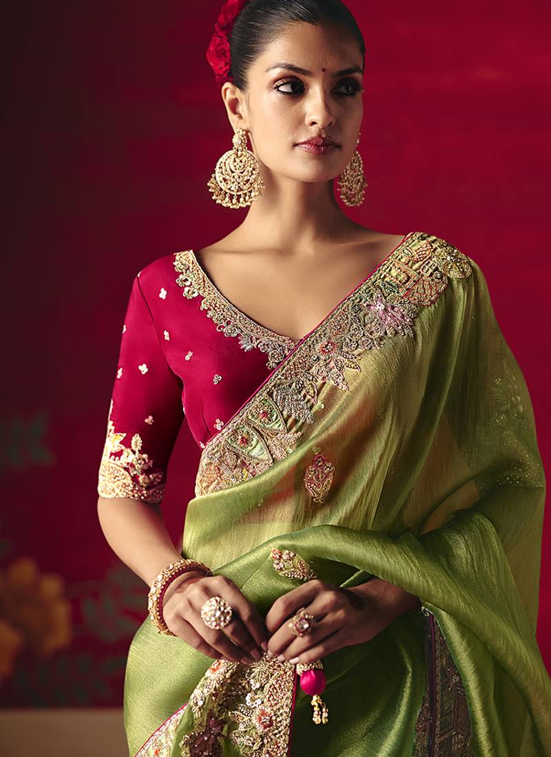Green fancy fabric embroidered thread work classic saree