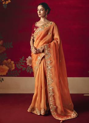 Orange fancy fabric embroidered work saree 1