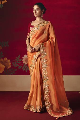 Orange fancy fabric embroidered work saree