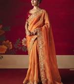 Orange fancy fabric embroidered thread work classic saree