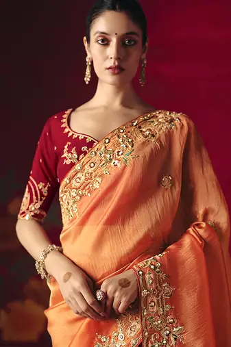 Orange fancy fabric embroidered work saree