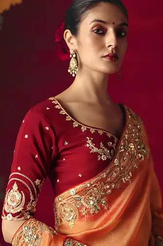 Orange fancy fabric embroidered work saree