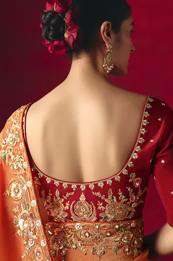 Orange fancy fabric embroidered work saree