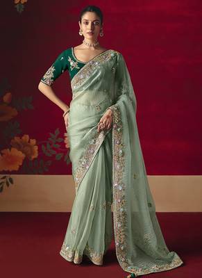 Sea green fancy fabric embroidered work saree 1