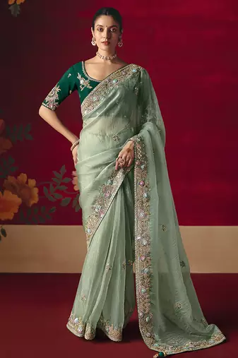 Sea green fancy fabric embroidered thread work classic saree