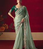 Sea green fancy fabric embroidered thread work classic saree