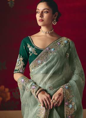 Sea green fancy fabric embroidered work saree 2
