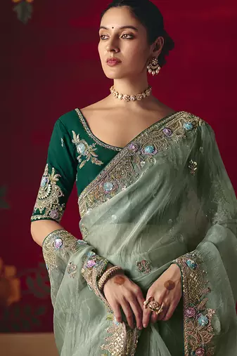 Sea green fancy fabric embroidered work saree