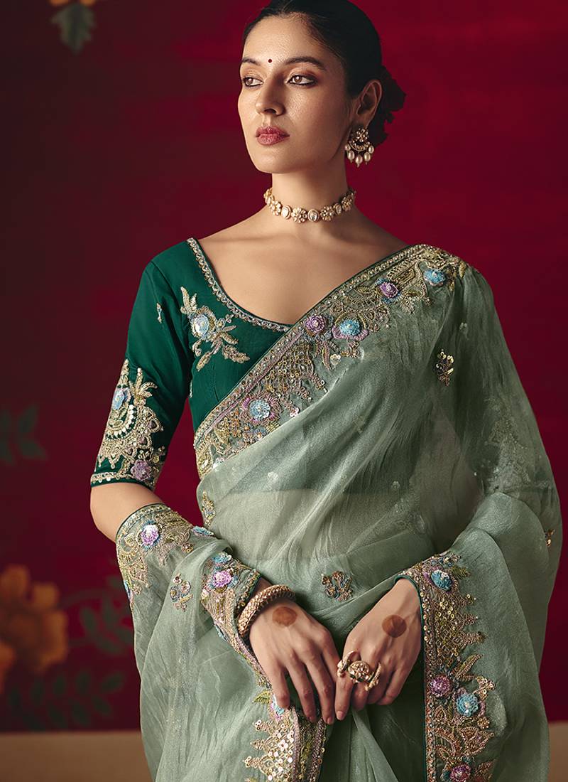 Sea green fancy fabric embroidered thread work classic saree