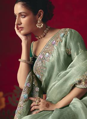 Sea green fancy fabric embroidered work saree 3