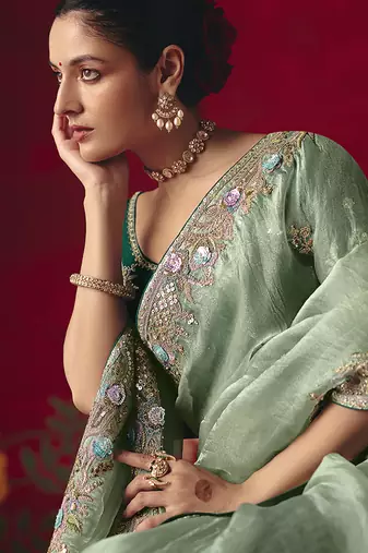Sea green fancy fabric embroidered work saree
