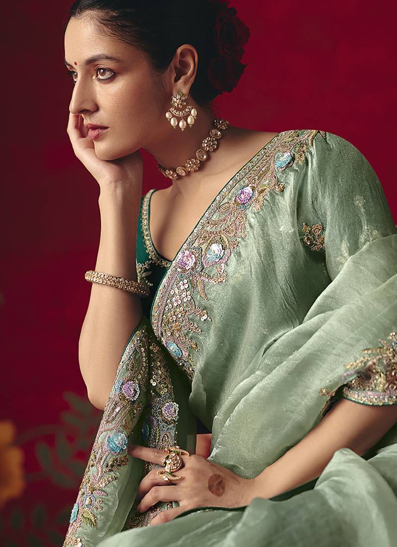 Sea green fancy fabric embroidered thread work classic saree