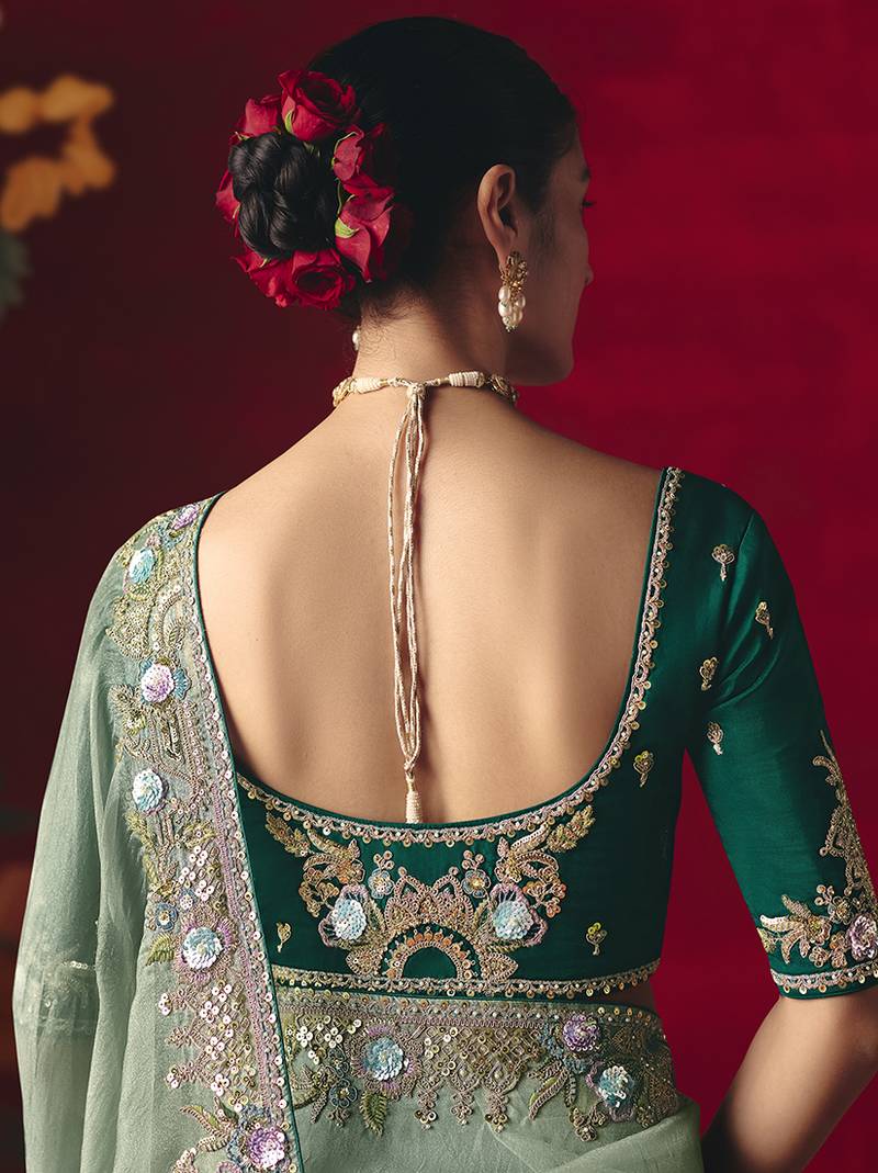 Sea green fancy fabric embroidered thread work classic saree