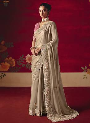 Beige fancy fabric embroidered work saree 1